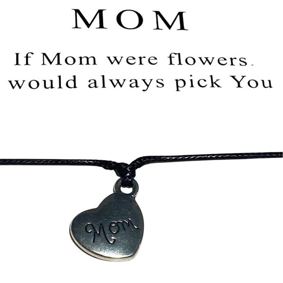 Mom Heart Charm Bracelet On Black Cord With Sentimental Quote Card Pendant - Picture 3 of 5